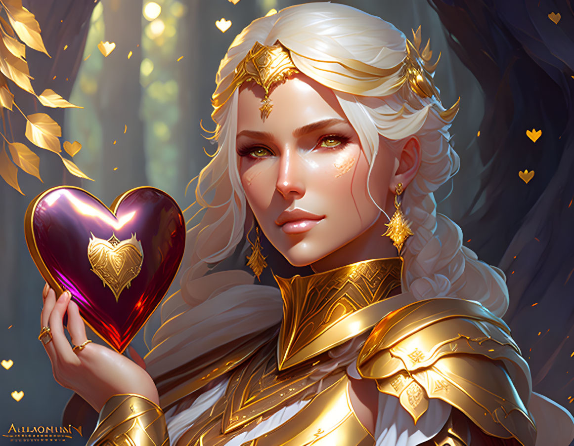 Platinum blonde character with golden crown and heart-shaped gem among golden leaves