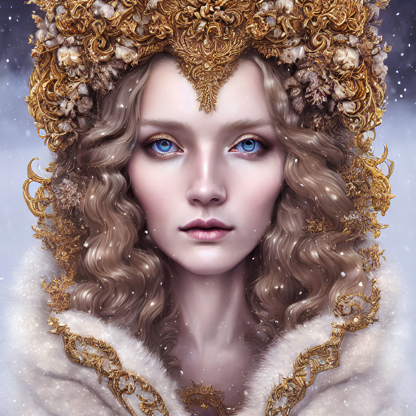 Portrait of Woman with Vivid Blue Eyes and Gold Headdress on Starry Background