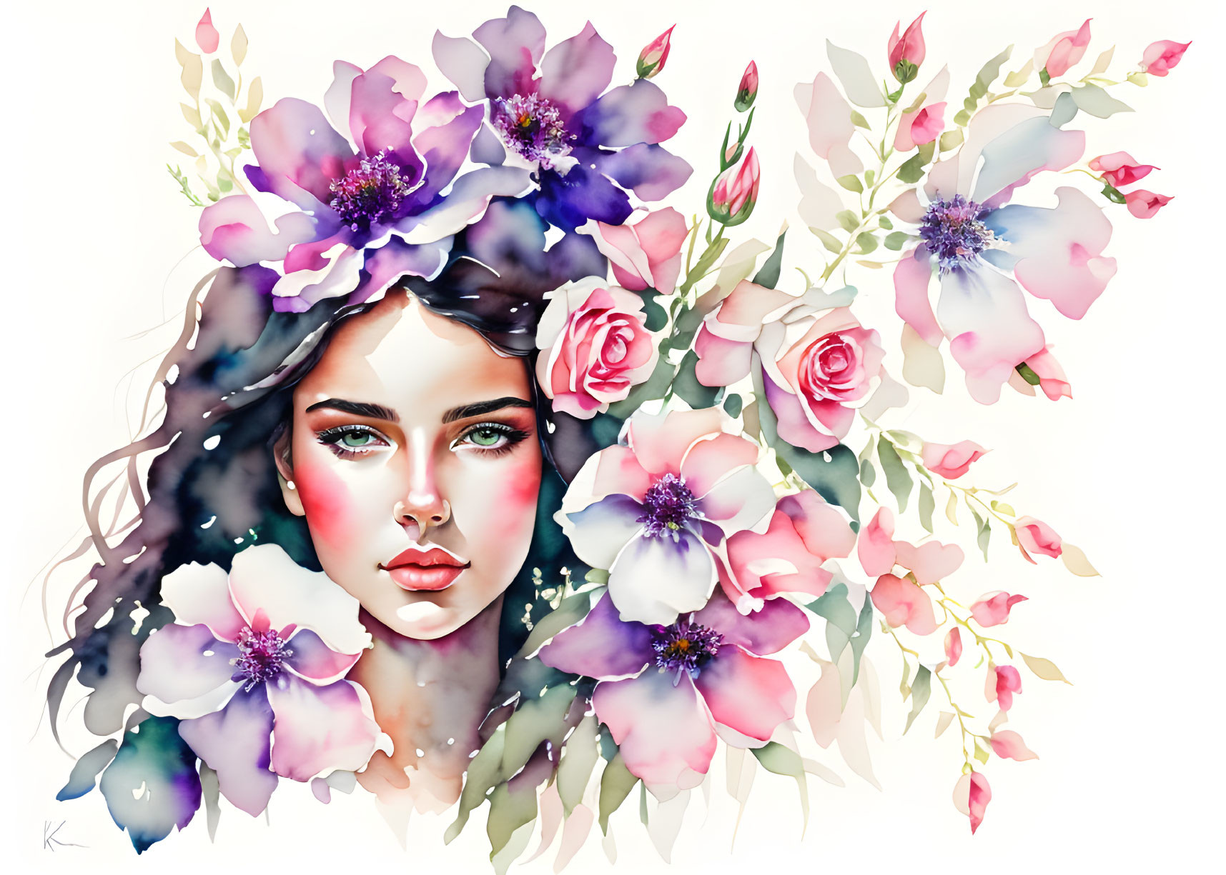 Vibrant watercolor illustration of woman with floral motif