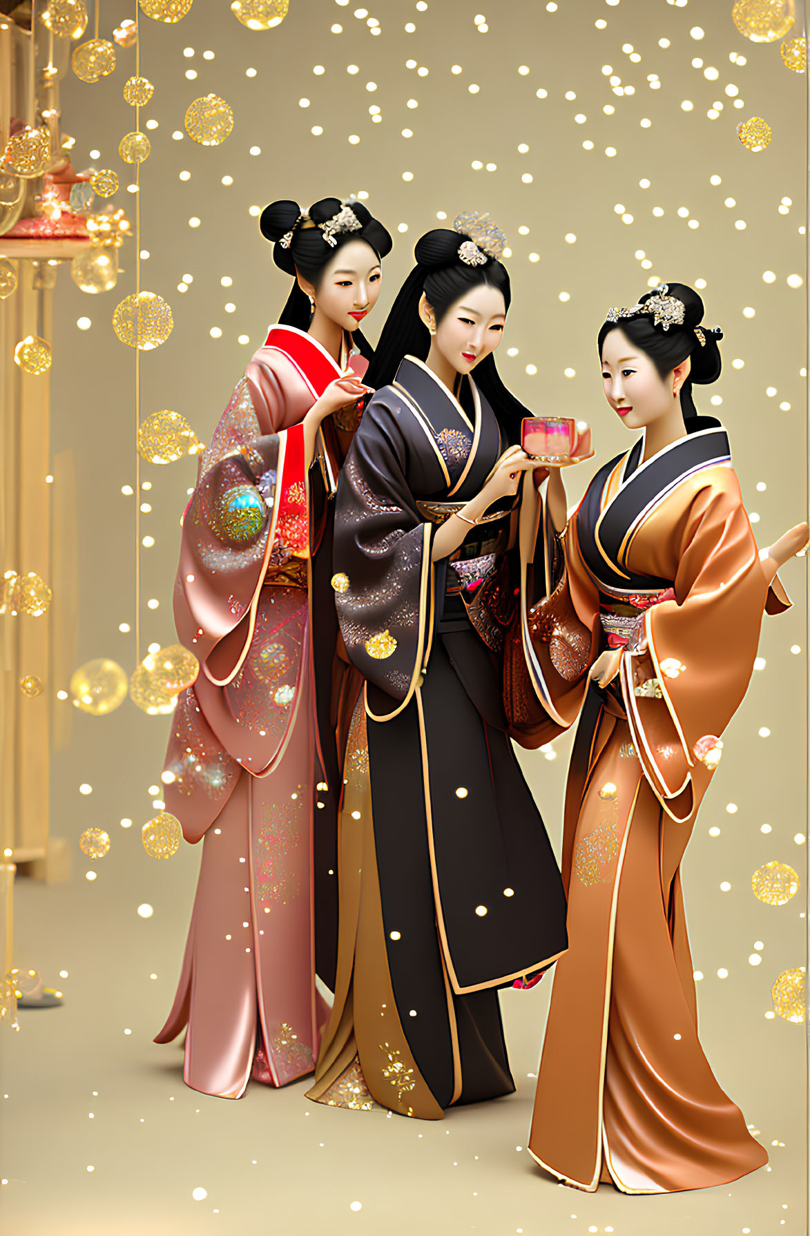 Three women in traditional Japanese kimonos with elaborate hairstyles among falling golden petals.