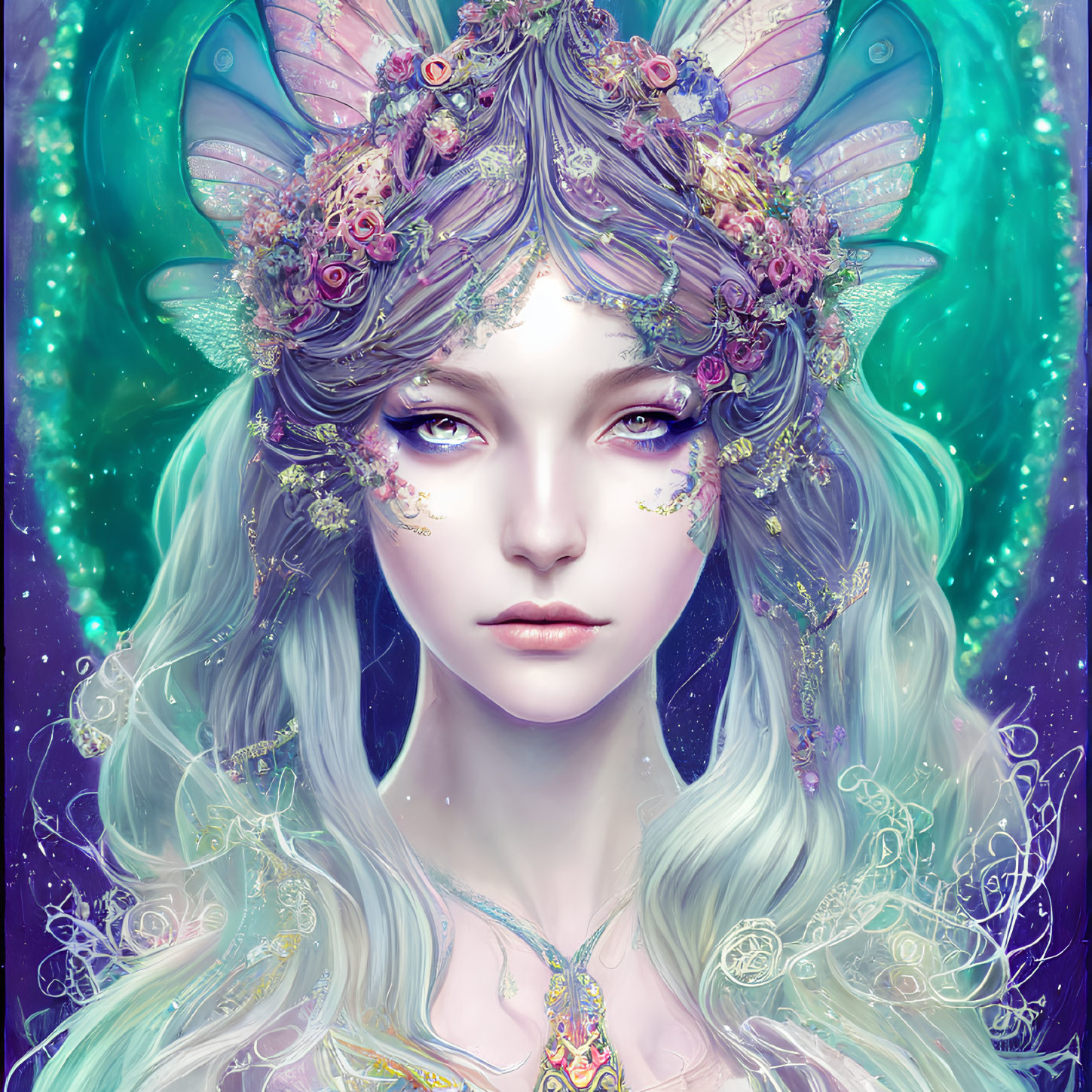 Fantasy portrait of female figure with pale blue hair, floral crown, jewelry, and butterfly wings