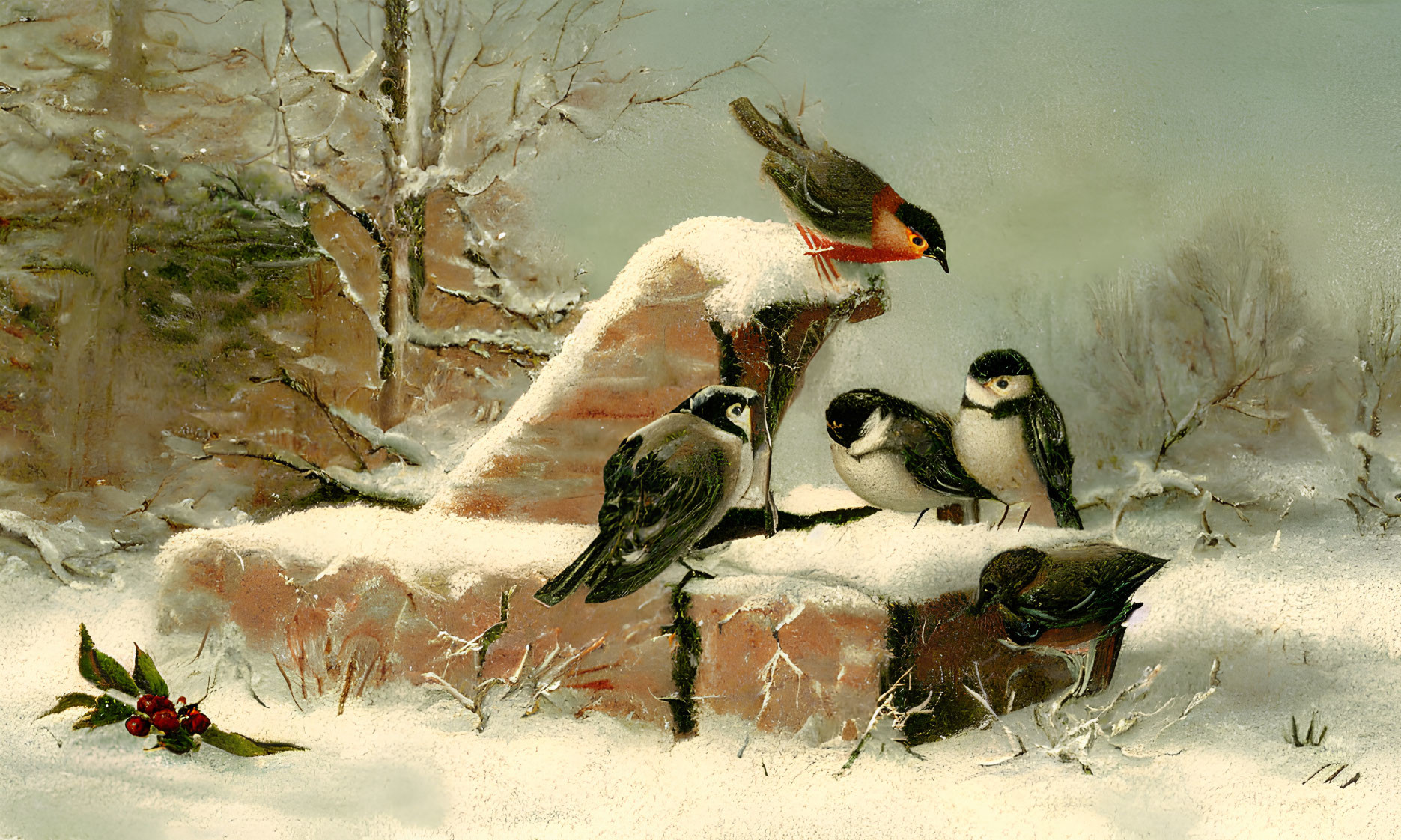 Vintage-style painting of four birds on snow-covered bench with trees and red berries.