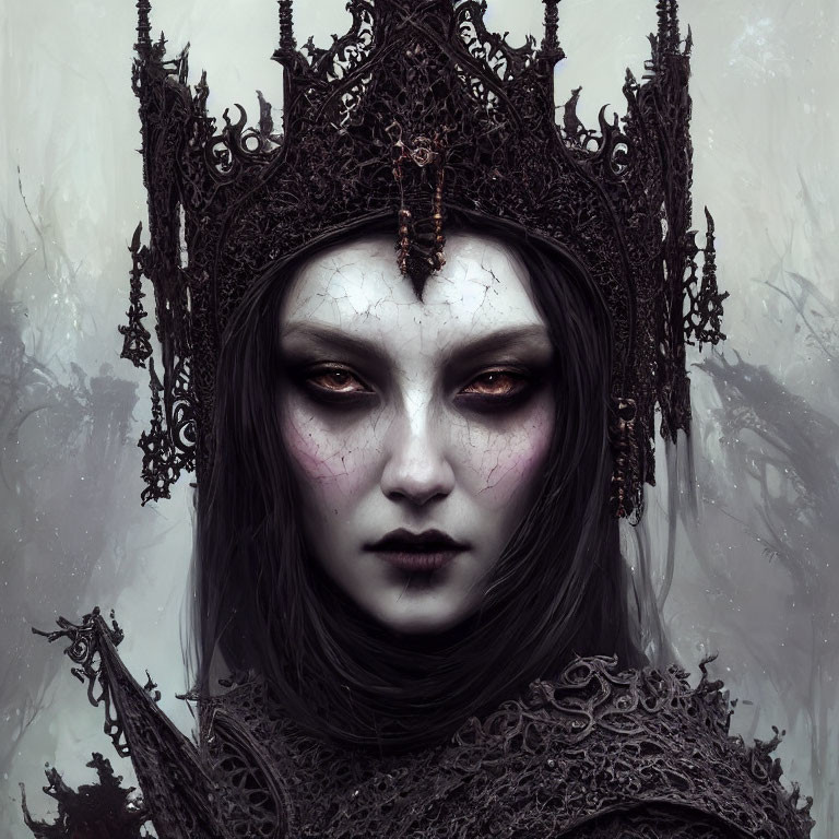 Pale woman with dark hair in dark crown, red eyes, somber expression against misty grey backdrop