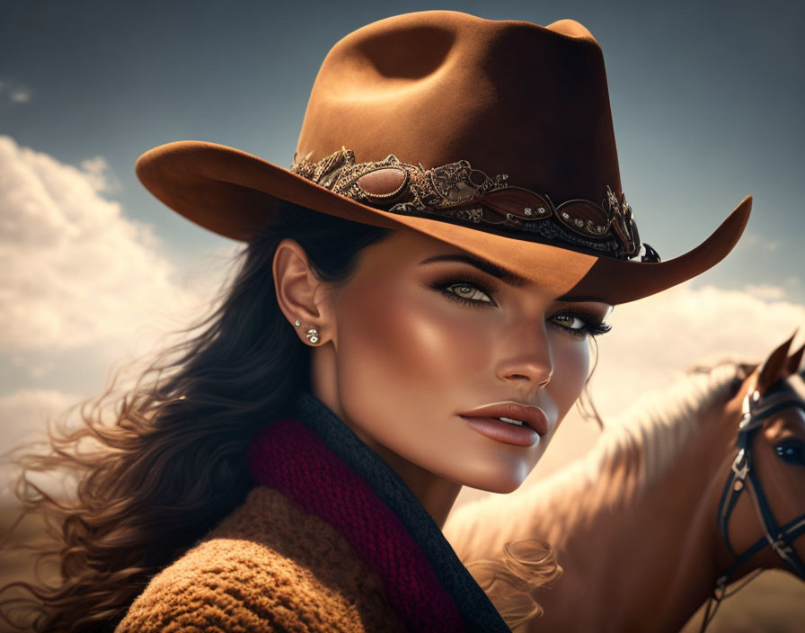 Digital artwork: Woman with green eyes, cowboy hat, scarf, and horse hint