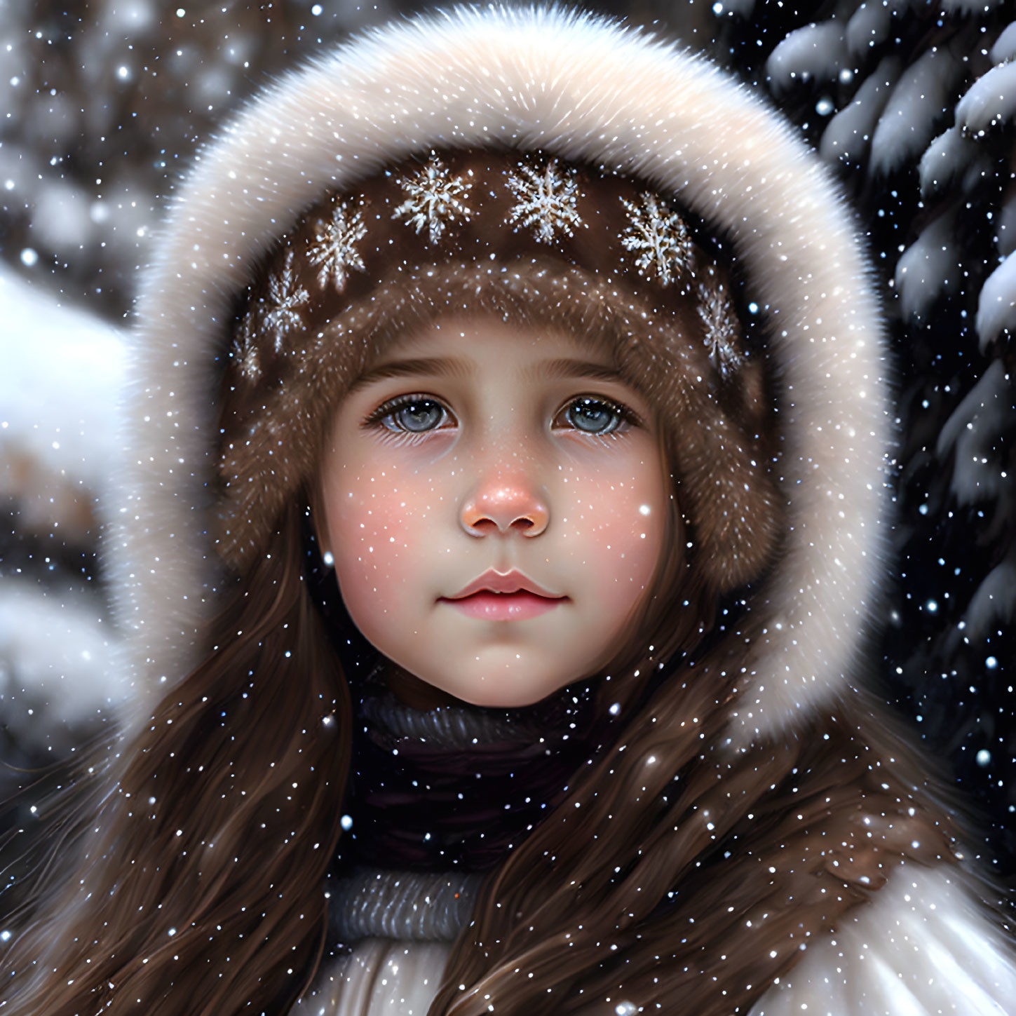 Child in Winter Clothing with Fur-Lined Hood in Falling Snowflakes