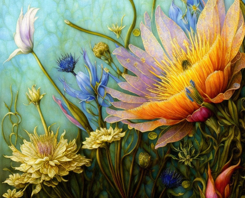 Colorful garden painting with detailed orange and purple flower.