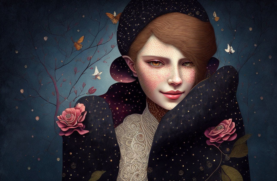 Woman with Starry Cloak Surrounded by Roses and Butterflies in Surreal Illustration