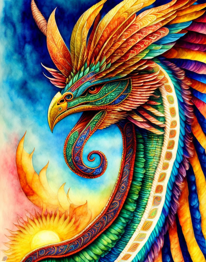 Colorful Mythical Phoenix Illustration with Sunburst Background