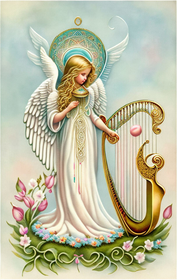 Illustrated angel playing harp in white gown amidst flowers on pastel background