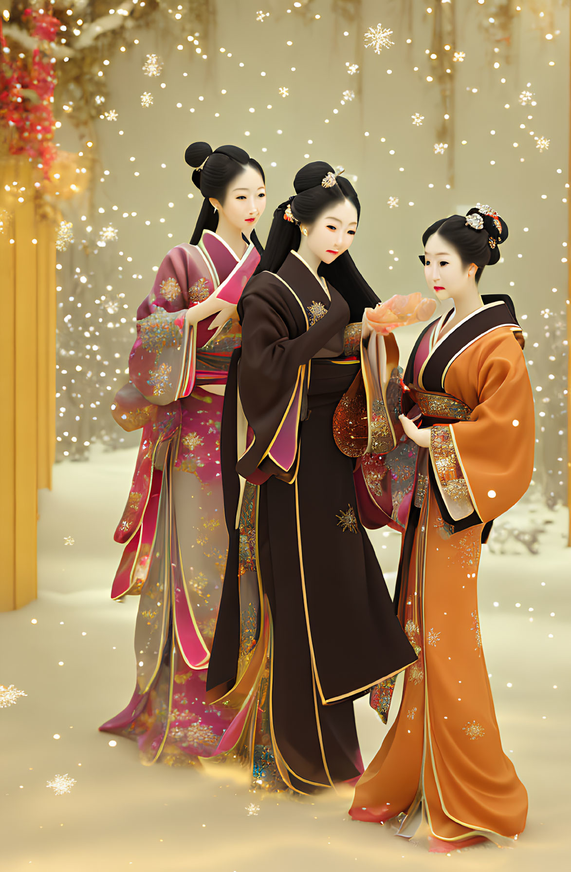 Three women in traditional Japanese kimonos against golden snowy backdrop