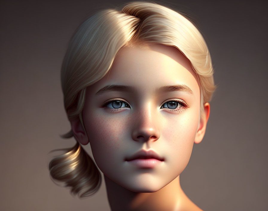 Blonde Girl with Blue Eyes and Freckles in 3D Portrait