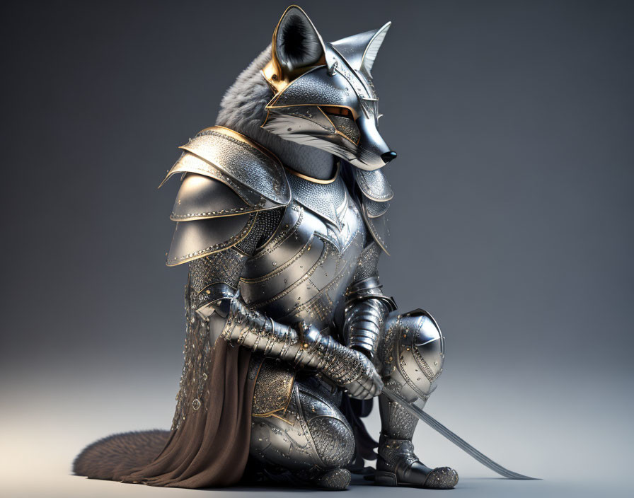 Anthropomorphic fox in medieval armor with sword in dignified pose