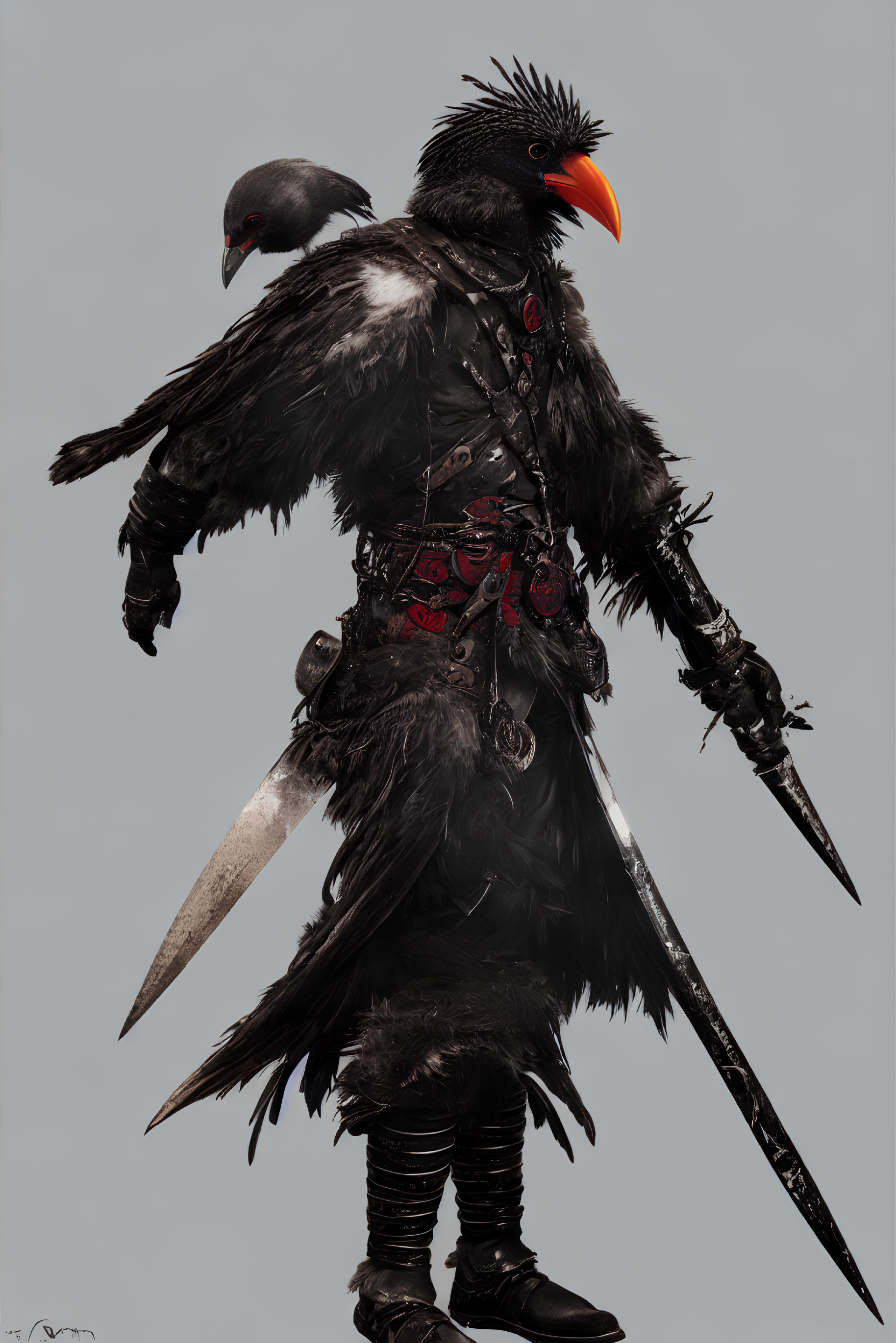 Crow-themed humanoid figure in dark armor wields long swords