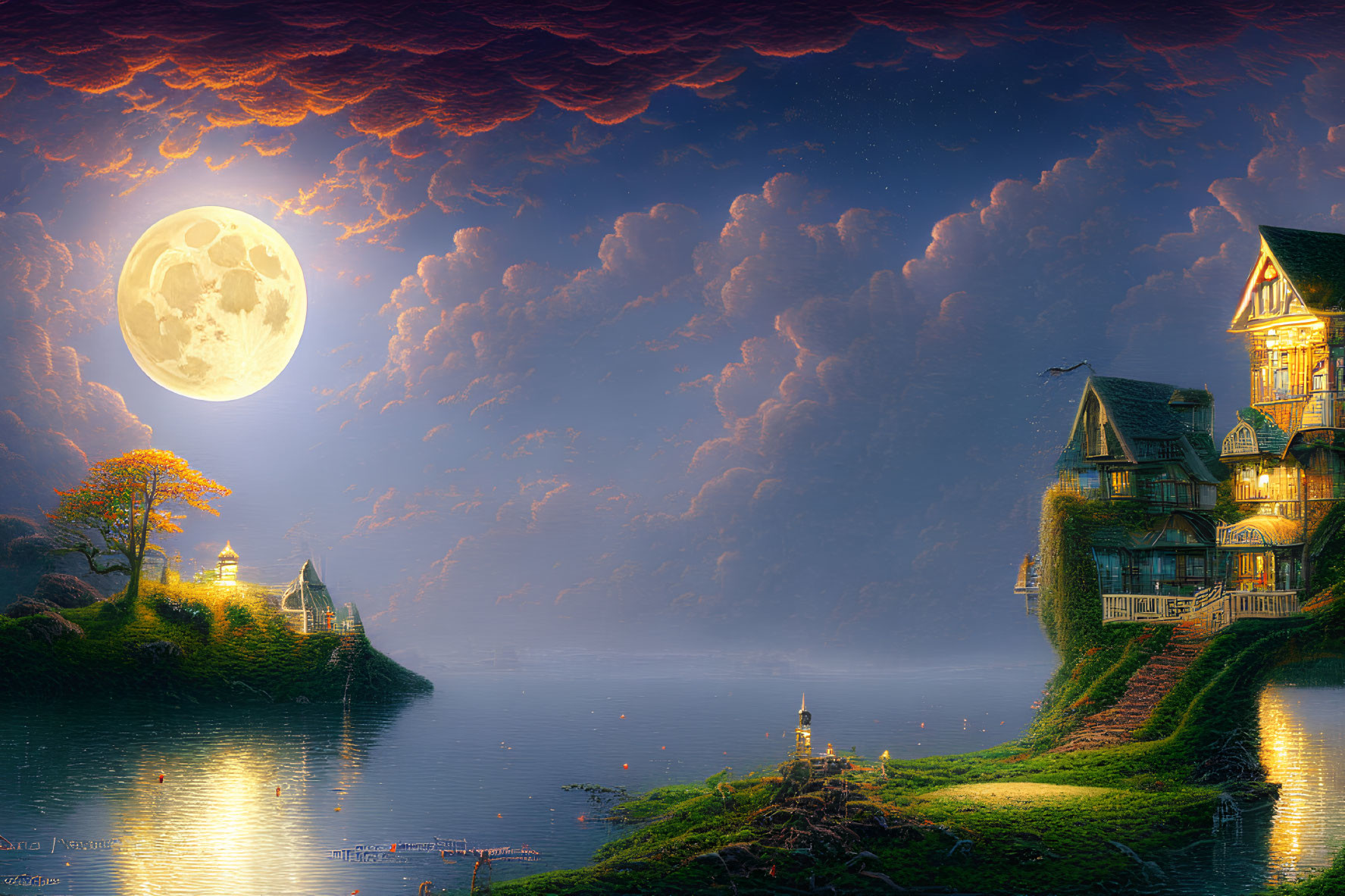 Fantasy Landscape with Moonlit Victorian House on Cliff