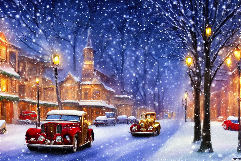 Vintage cars driving on snowy street under twilight sky