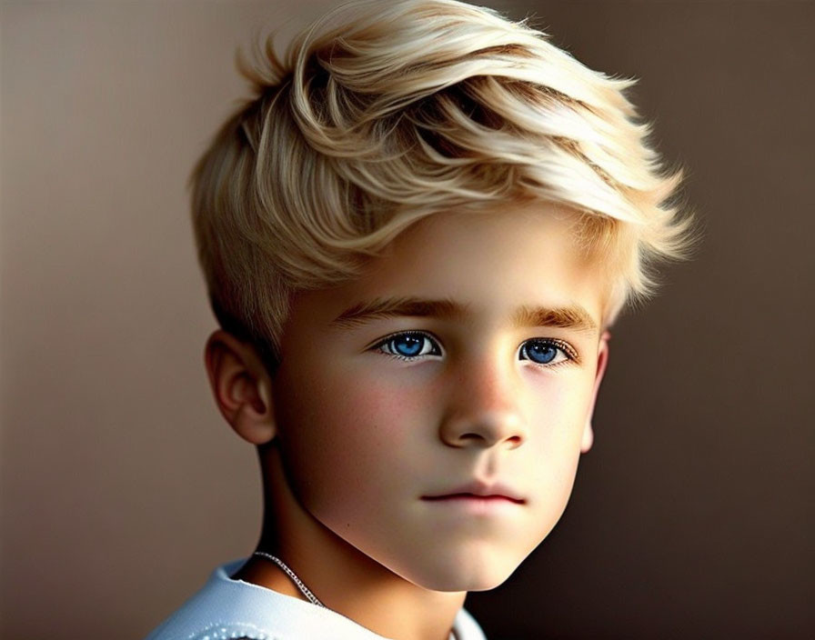 Young boy with tousled blond hair and deep blue eyes gazes thoughtfully.