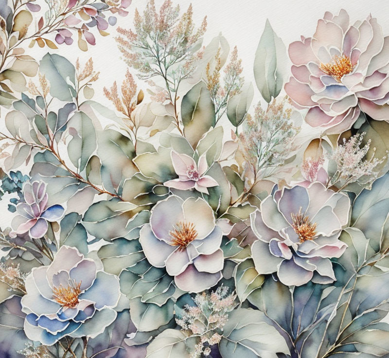 Soft Pastel Watercolor Painting of Lush Floral Arrangements