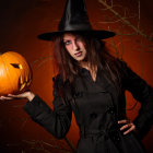 Spooky figure in witch's costume with jack-o'-lantern in eerie forest