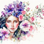 Vibrant watercolor illustration of woman with floral motif