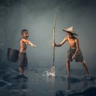 Vintage animated children fishing by serene river