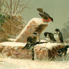 Vintage-style painting of four birds on snow-covered bench with trees and red berries.