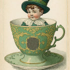 Whimsical character in green top hat inside teacup