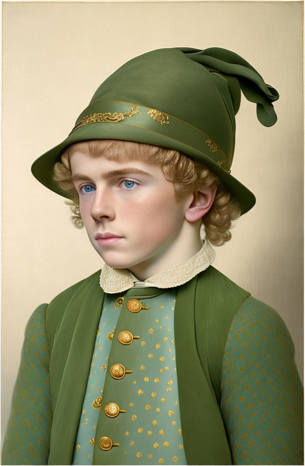 Portrait of person with blue eyes in green historical outfit and gold accessories