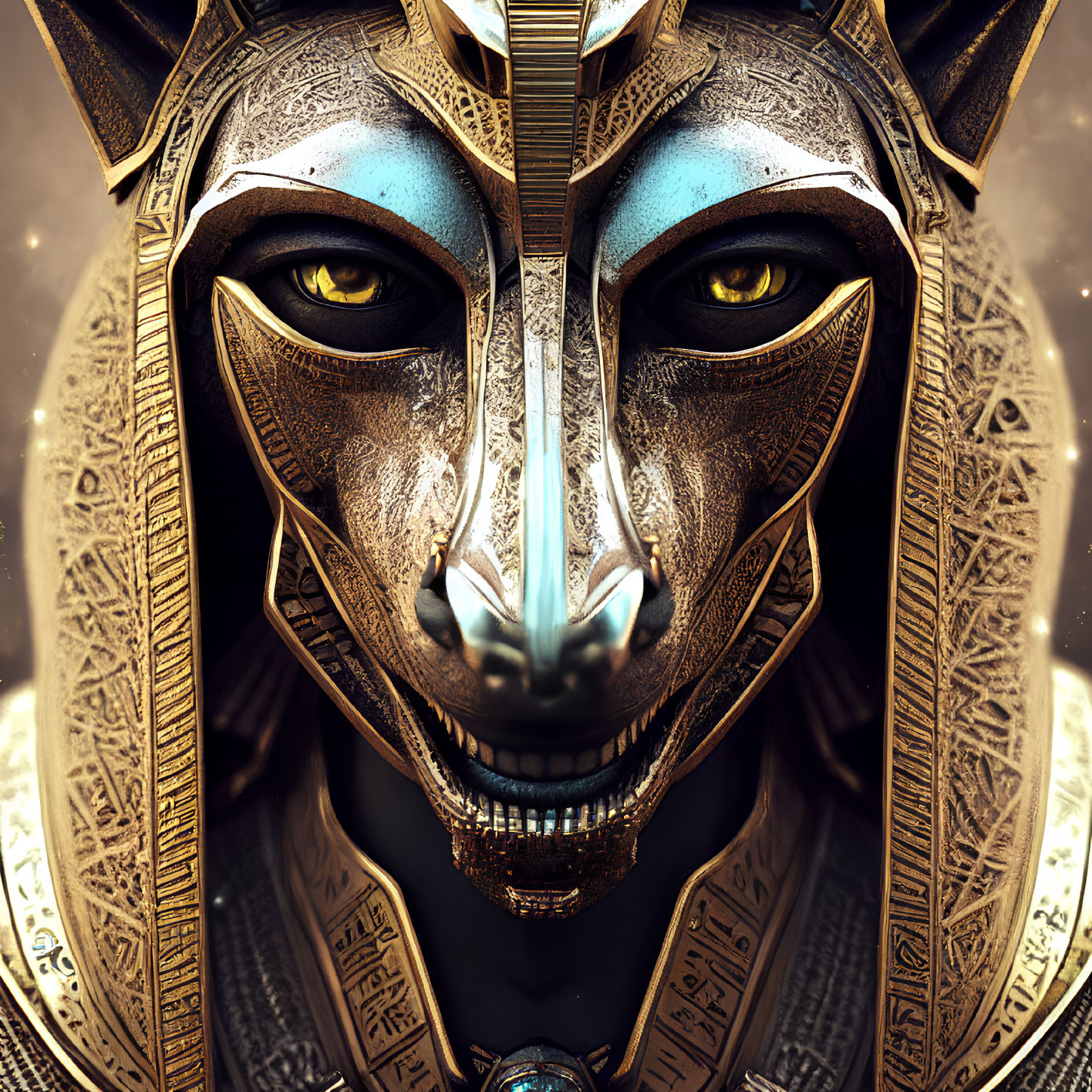 Detailed Egyptian-inspired mythical creature with feline humanoid face and golden headpiece