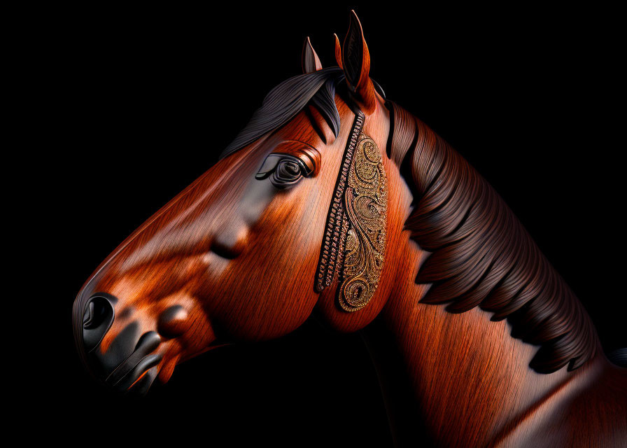 Detailed Digital Art: Chestnut Horse with Decorated Bridle & Intricate Textures