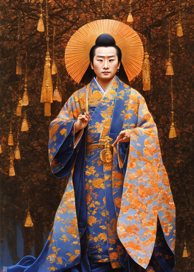 Traditional Japanese Attire Figure with Elaborate Headdress and Halo on Golden Background