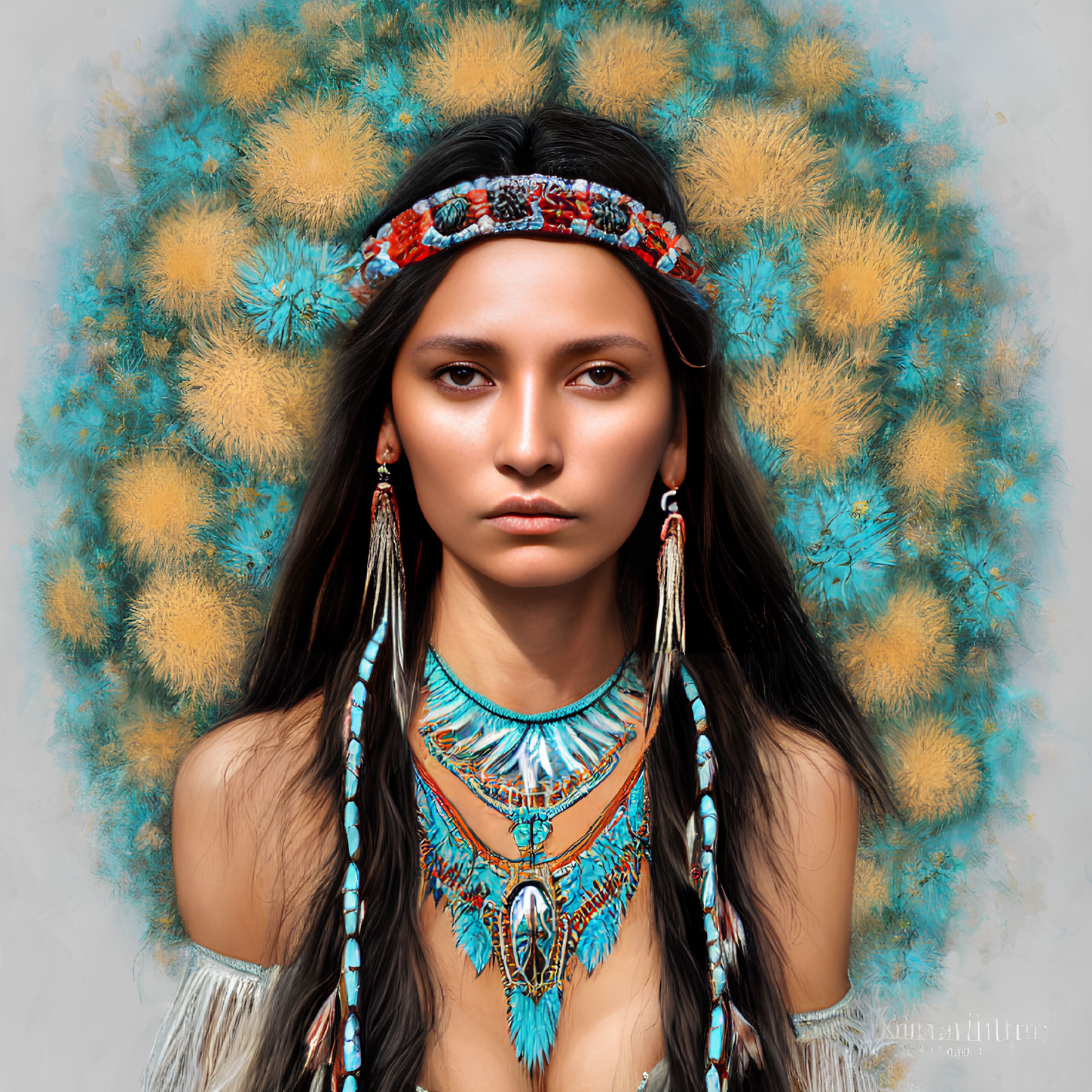 Portrait of Woman with Beaded Headband and Turquoise Necklace