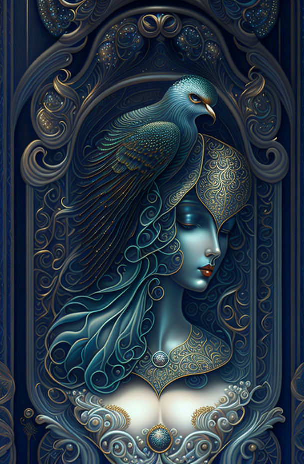 Blue-skinned woman merged with peacock on ornate blue background