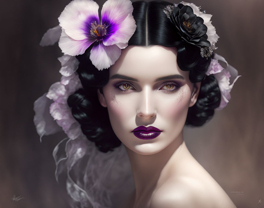 Portrait of woman with stylized makeup and dark hair adorned with purple and white flowers