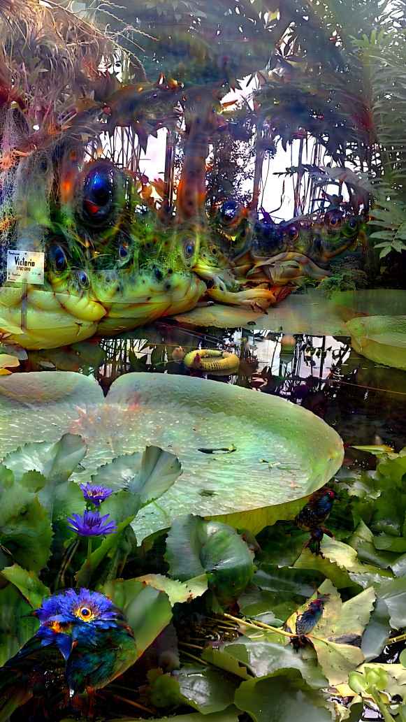 Water lilies, palm trees in the background 