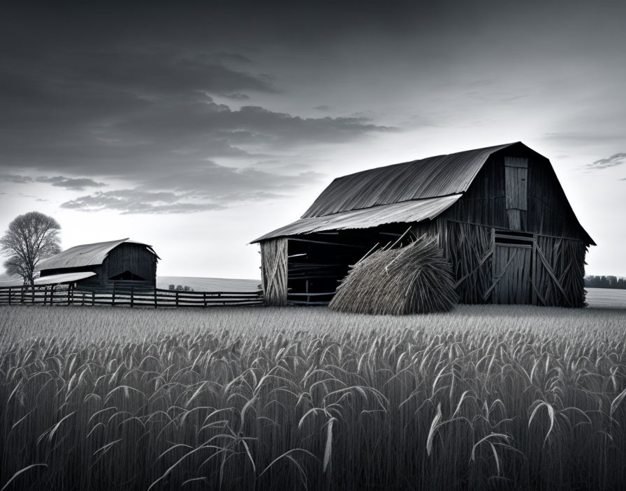 Rustic barns in field with hay bale under gloomy sky