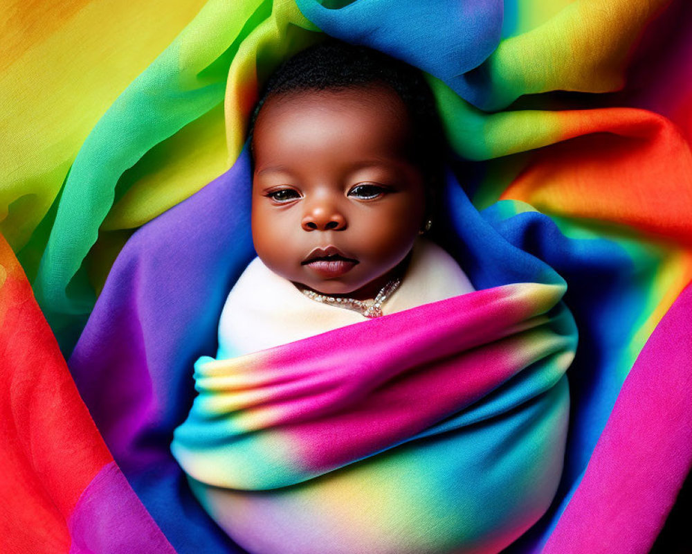 Rainbow-wrapped baby with serene expression and glittering necklace