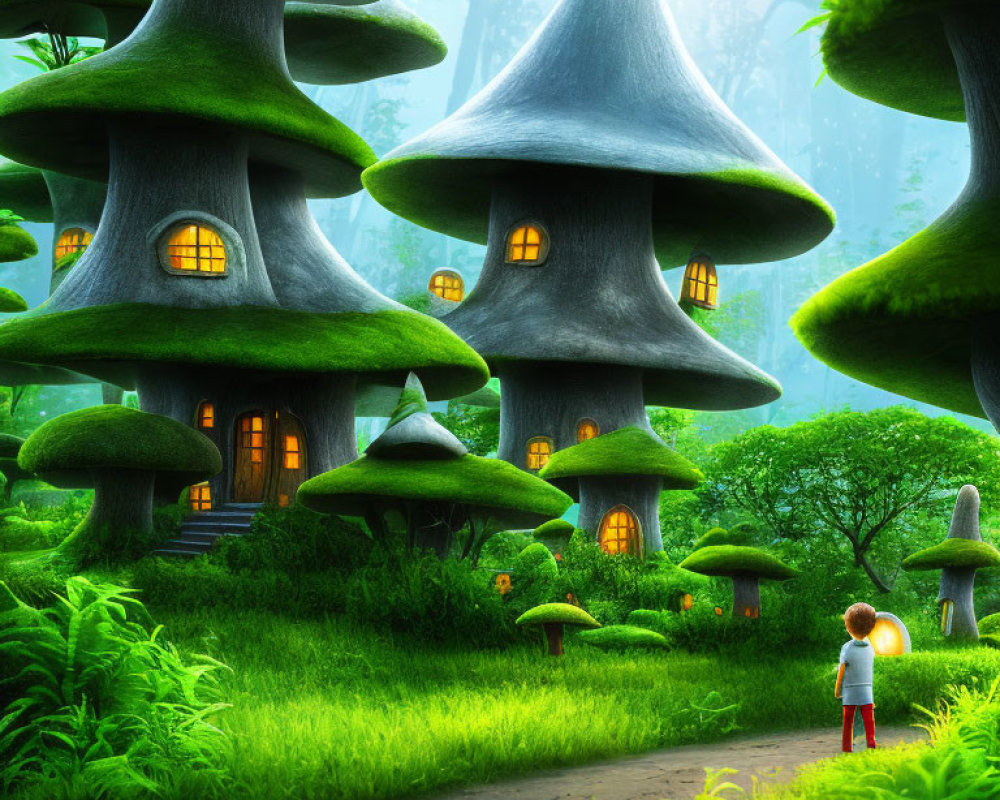 Child in front of magical forest with oversized mushroom houses and lush greenery