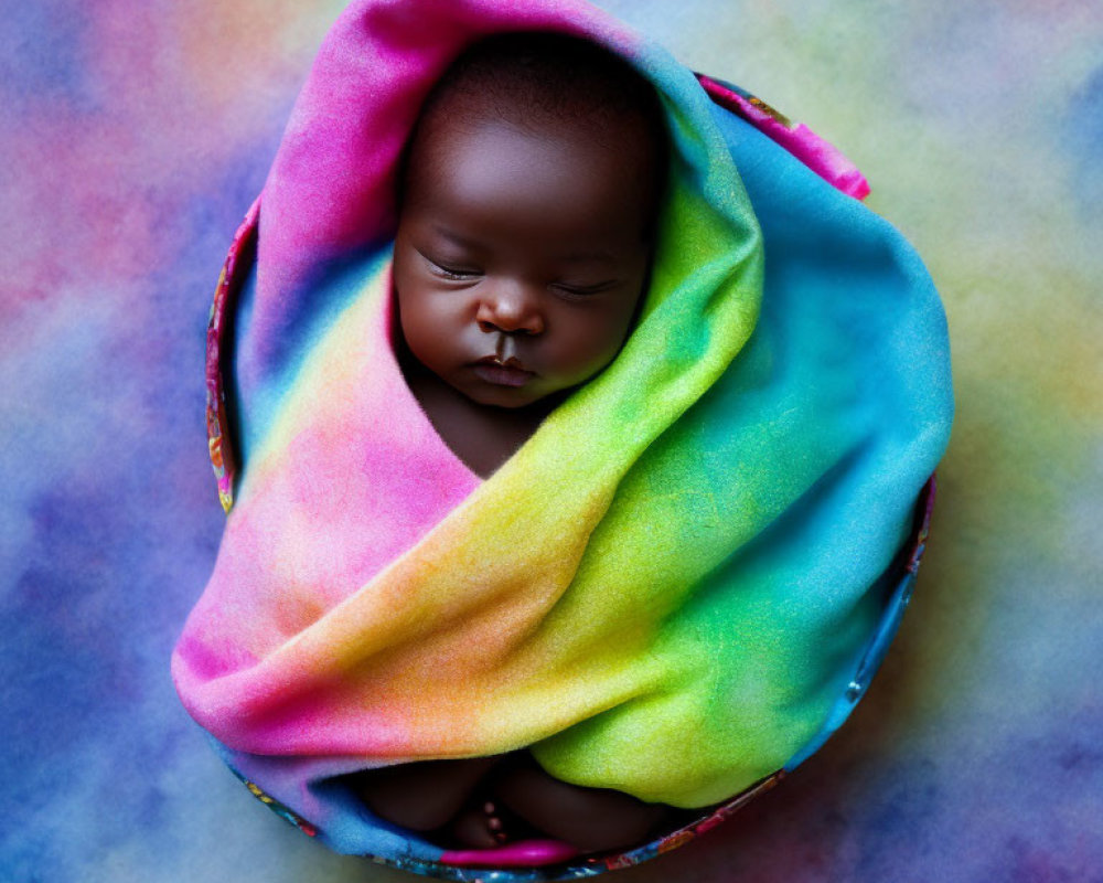 Newborn sleeping in rainbow blanket in round basket