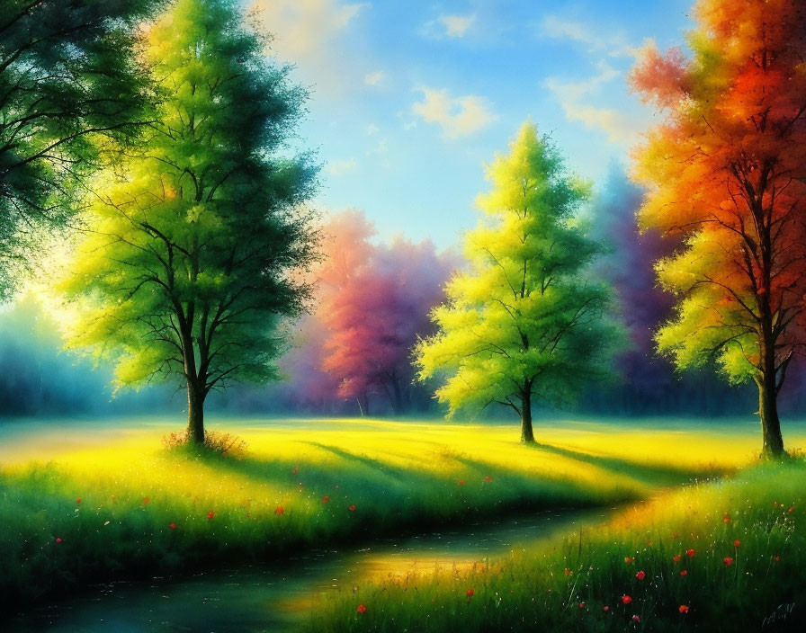 Colorful landscape painting: vibrant trees, serene stream, green grass, red flowers under warm light