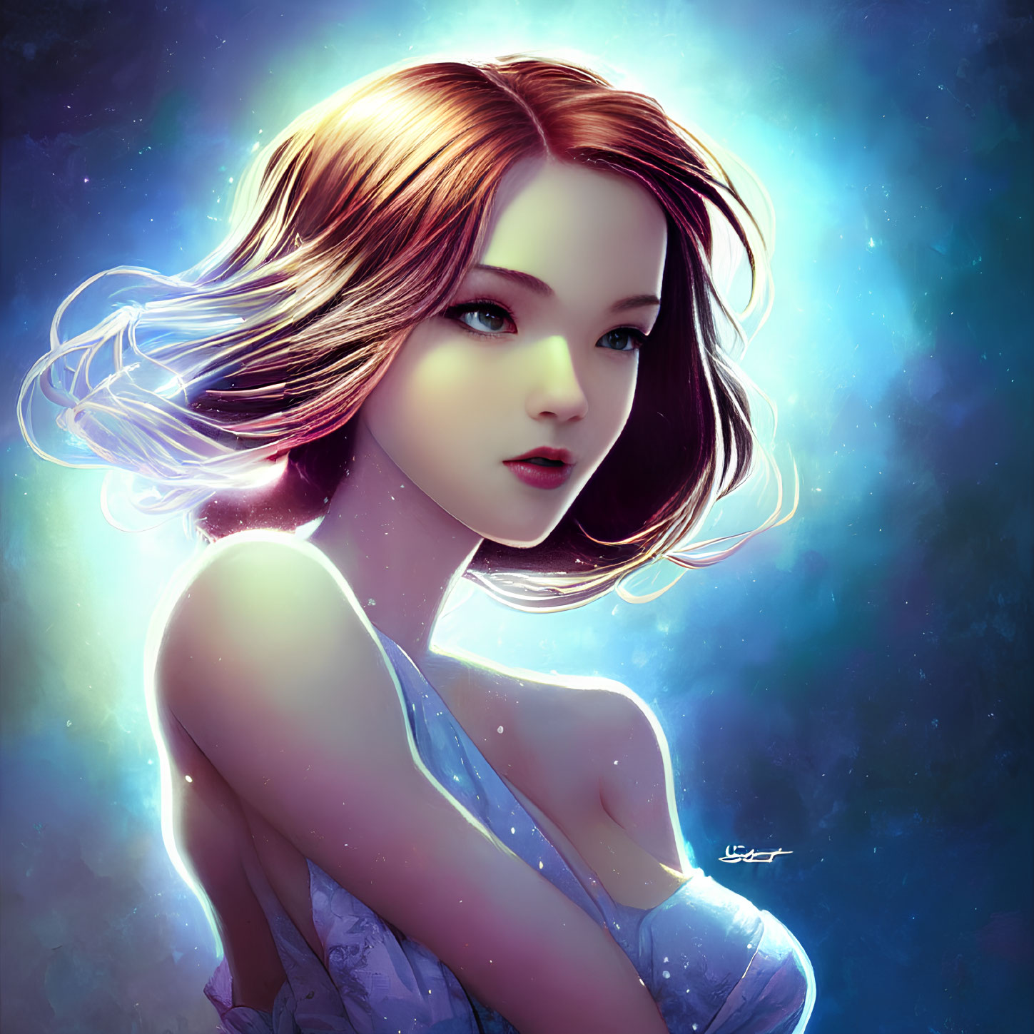 Digital portrait of young woman with flowing hair in ethereal light on blue background