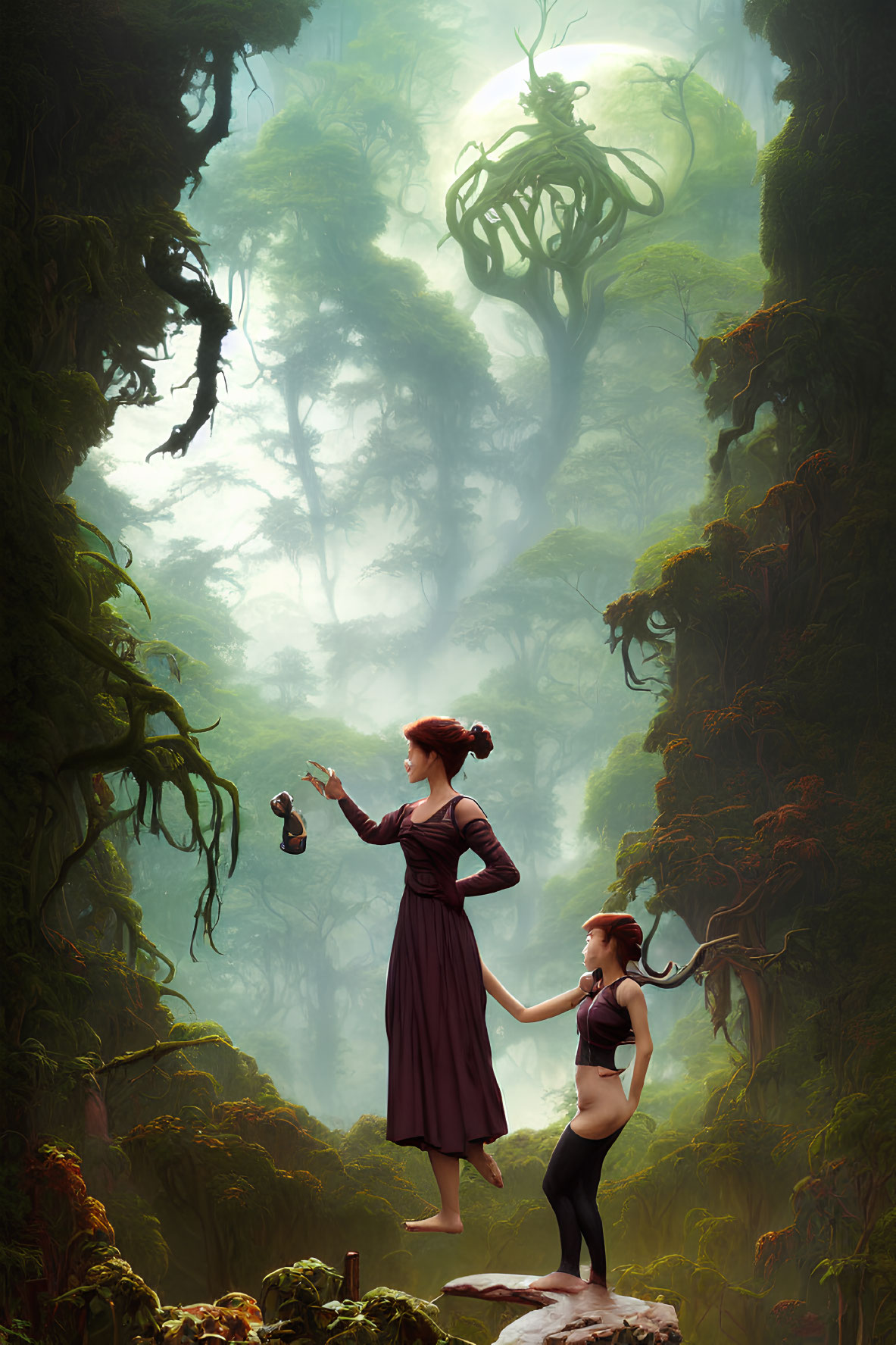 Two women in mystical forest with glowing orb and misty trees