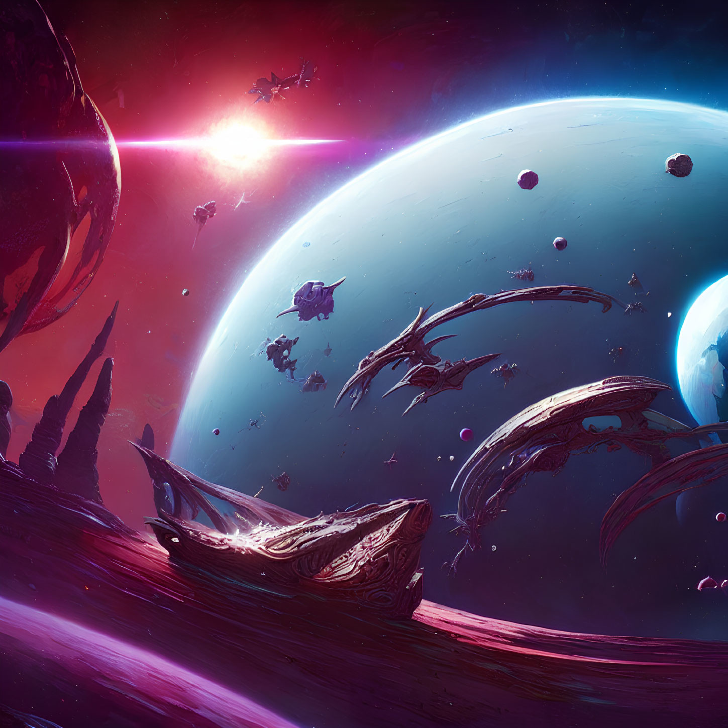 Spacecrafts orbit large planet under pinkish star-lit sky