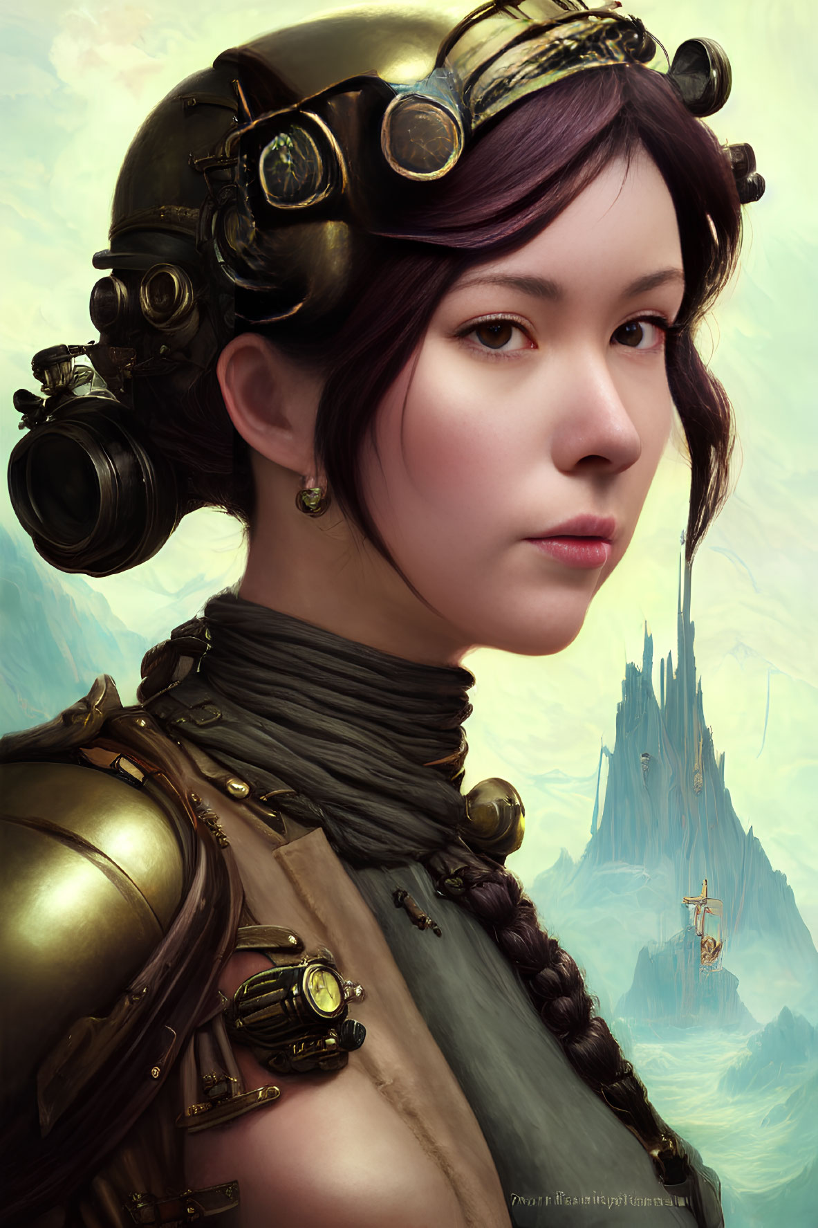 Steampunk-themed portrait of a woman with goggles, braided hair, and brass attire