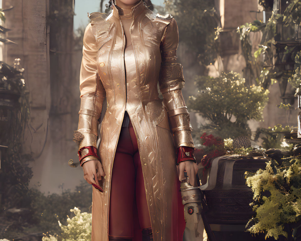 Futuristic woman in gold outfit among ancient ruins with greenery