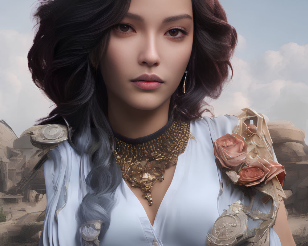 Digital Art Portrait of Woman with Serene Gaze and Mechanical Shoulder Armor