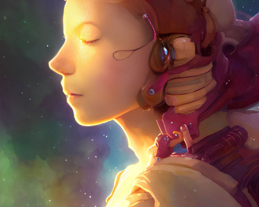 Futuristic headphones on serene woman in cosmic setting