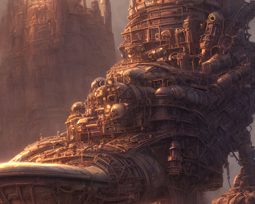 Mechanized city in desert landscape with intricate architecture at sunrise or sunset