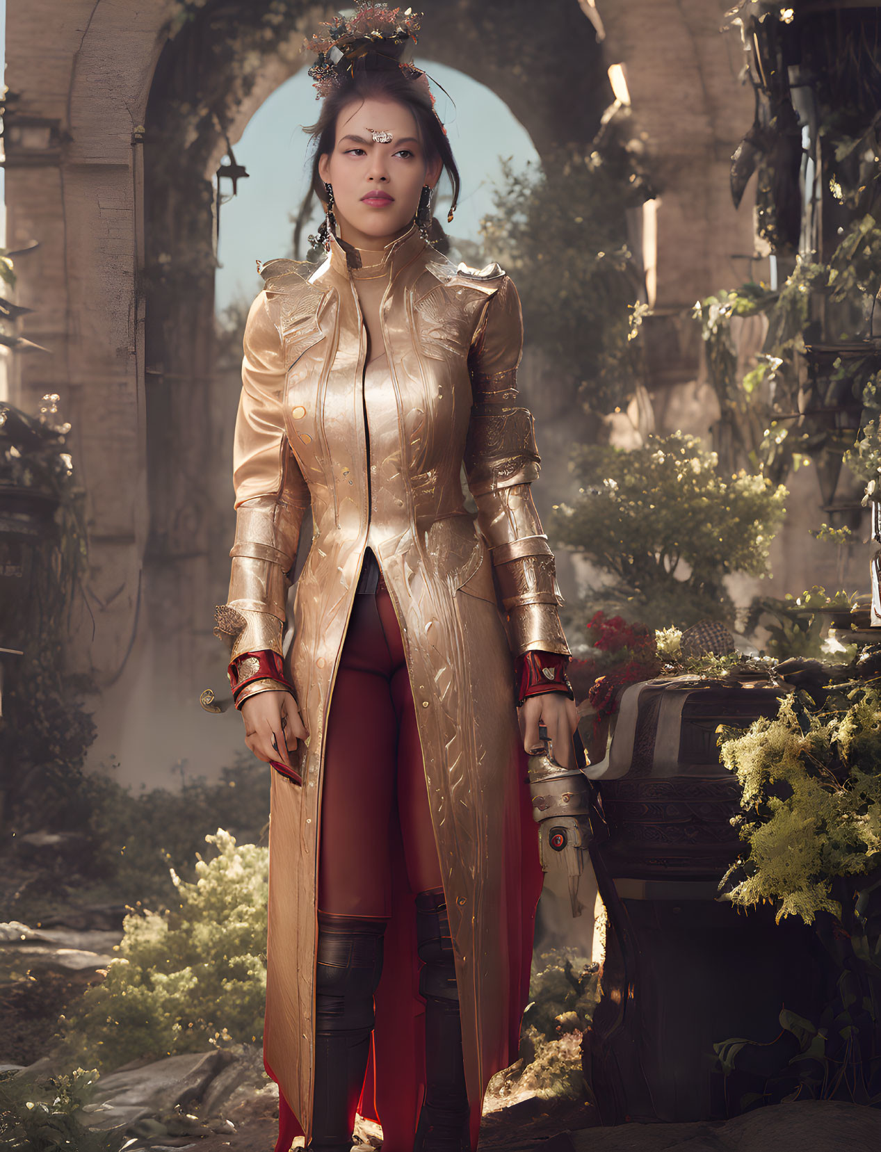 Futuristic woman in gold outfit among ancient ruins with greenery