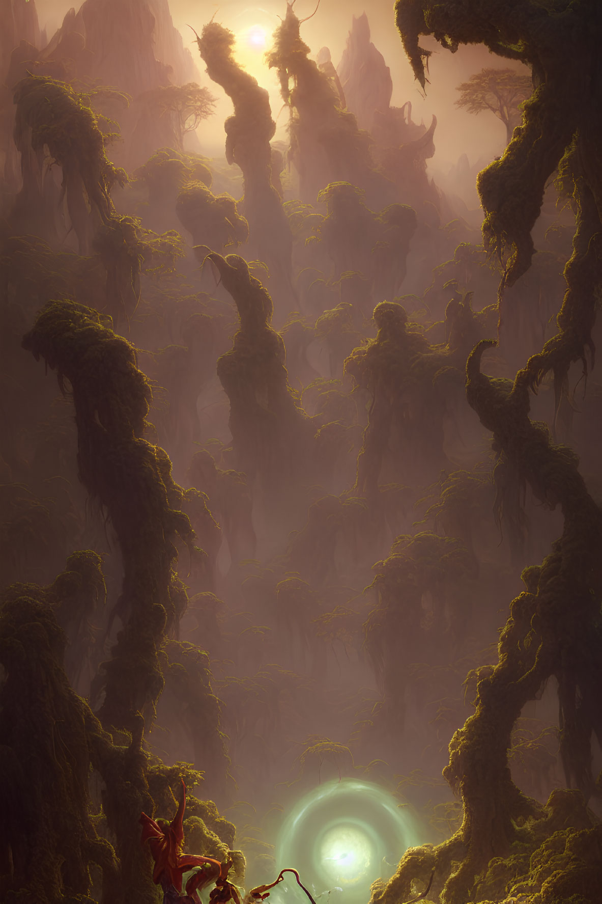 Enchanting forest scene with misty trees and glowing orb