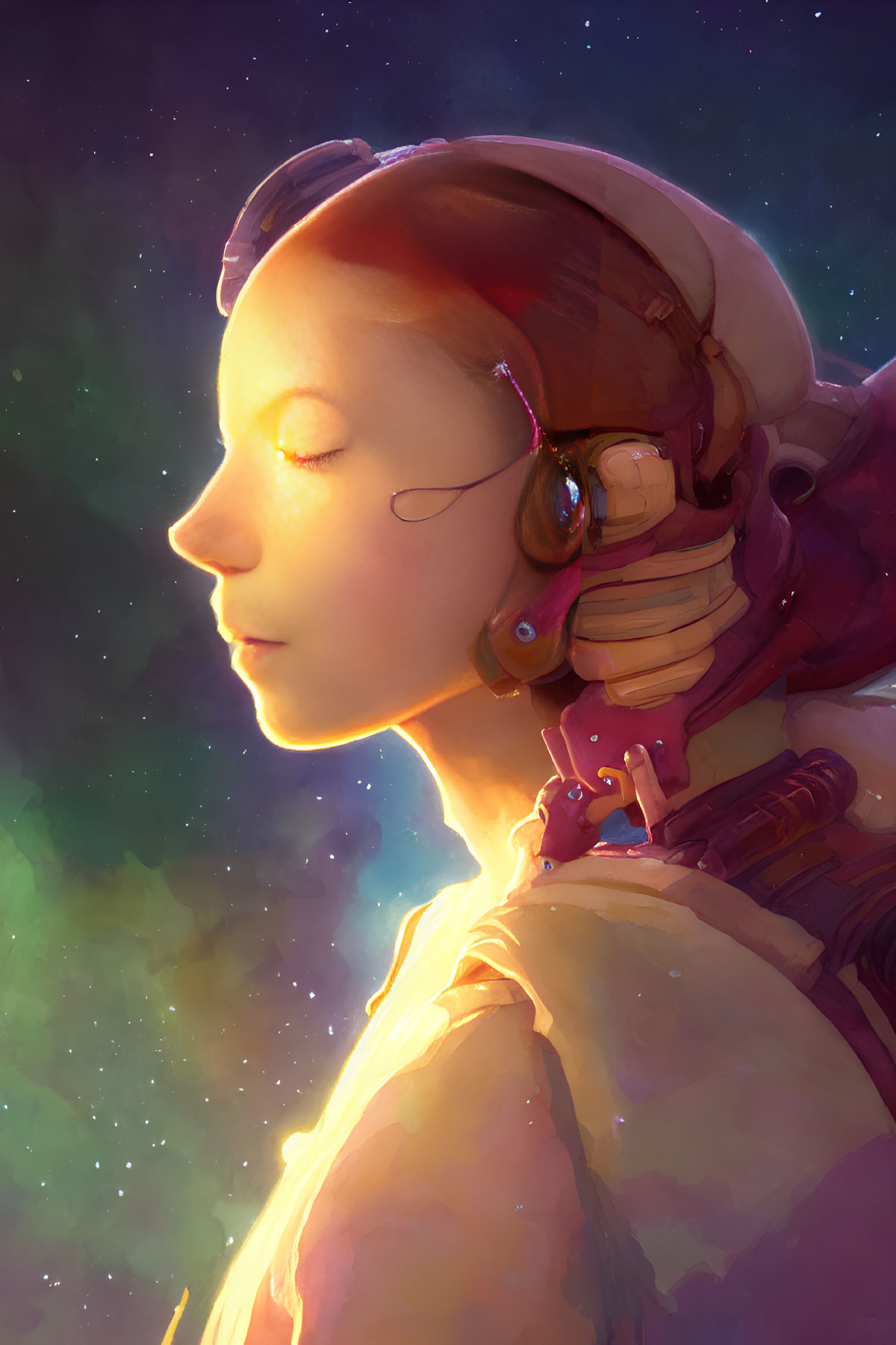 Futuristic headphones on serene woman in cosmic setting